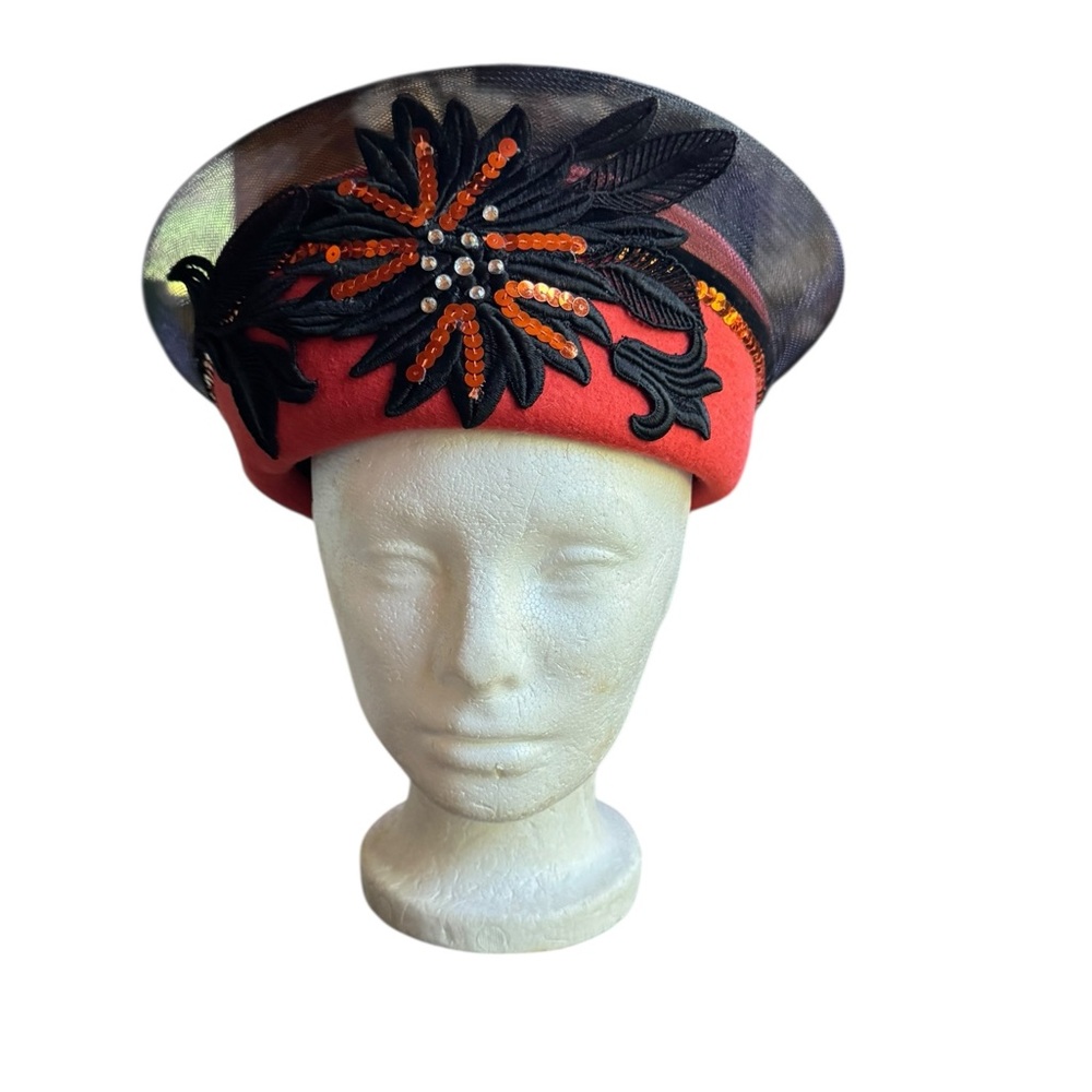 NWT 1980s Mr. Hi’s 100% Wool Sequin/Rhinestone/Floral Appliqué Toque Style Hat